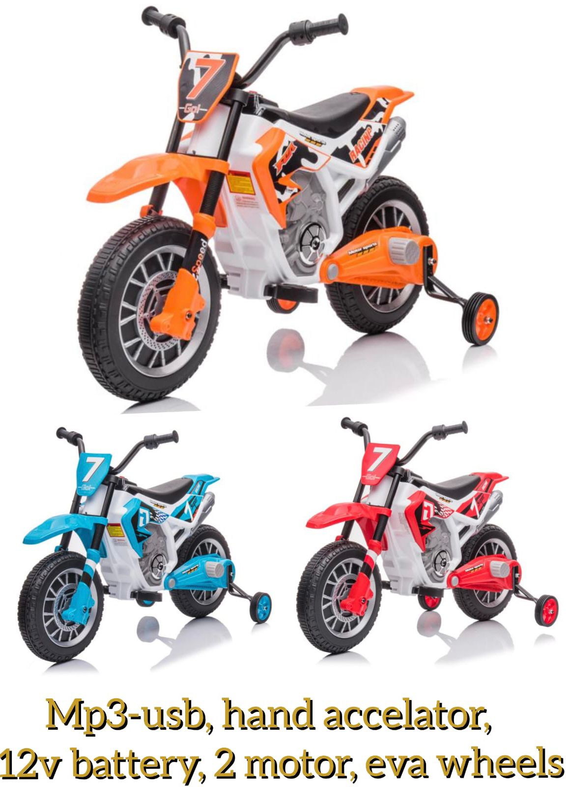 LOVELY BABY Racing Trail- Battery Operated Bike - MP3 - USB - Hand Accelator, 12V Battery - TWO Motor - Eva Wheels